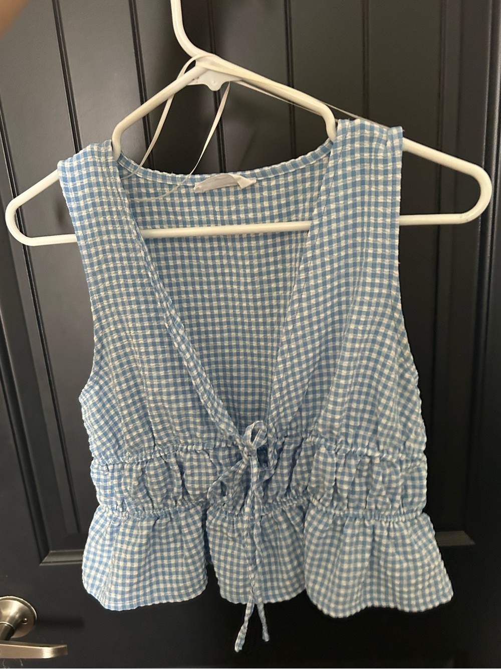 Double Zero Blue and White Gingham Tie-Front Tank